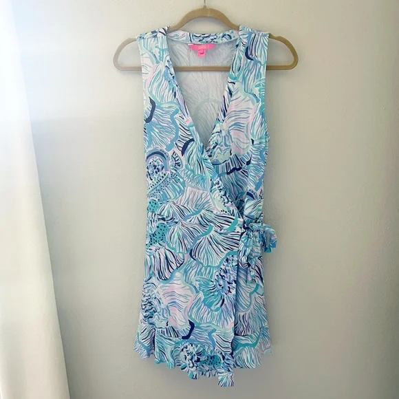 Lilly Pulitzer Rilla Wrap Romper Dress Bermuda Blue Fishful Thinking Size Medium